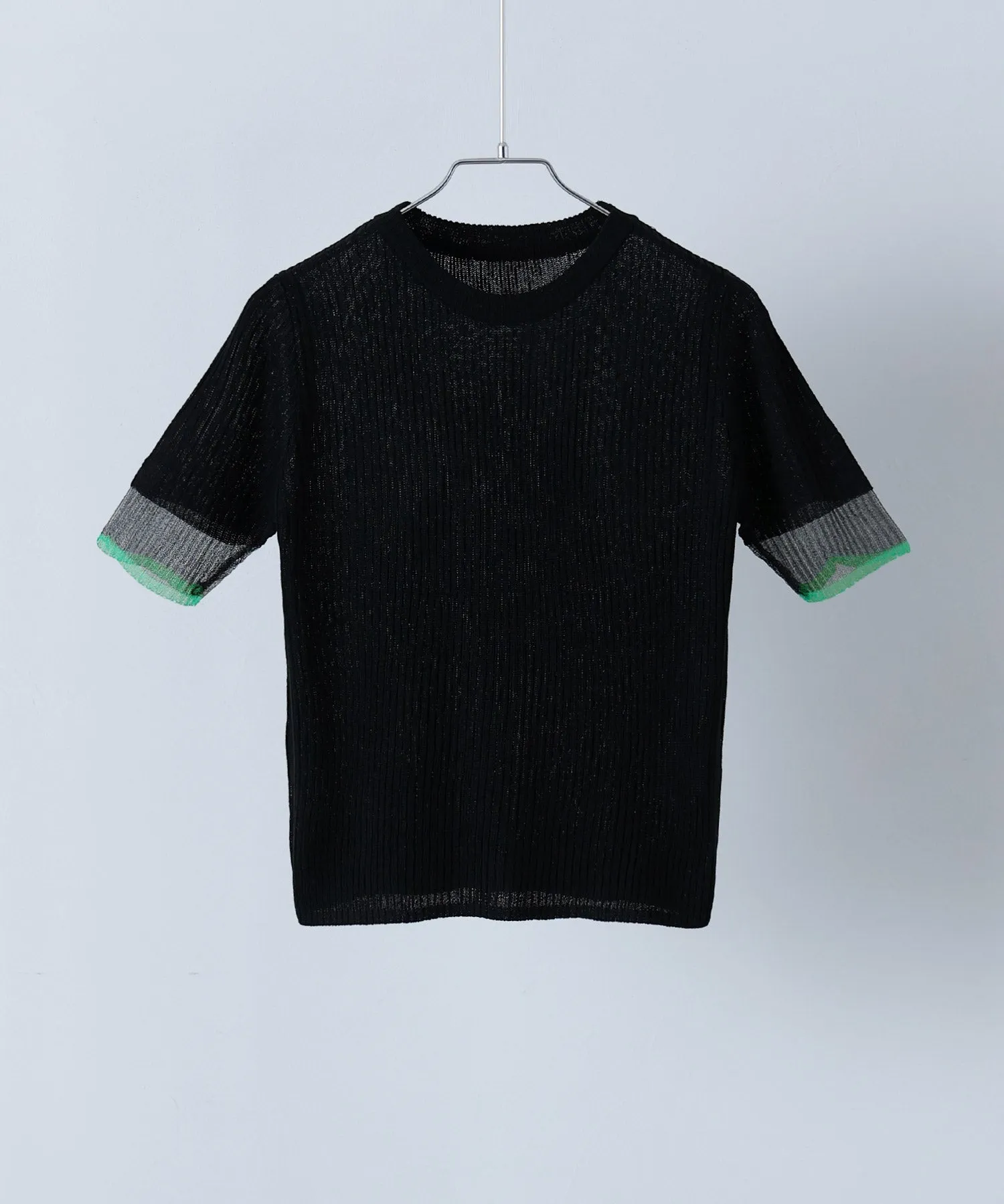 Sheer sleeve bicolor rib tops