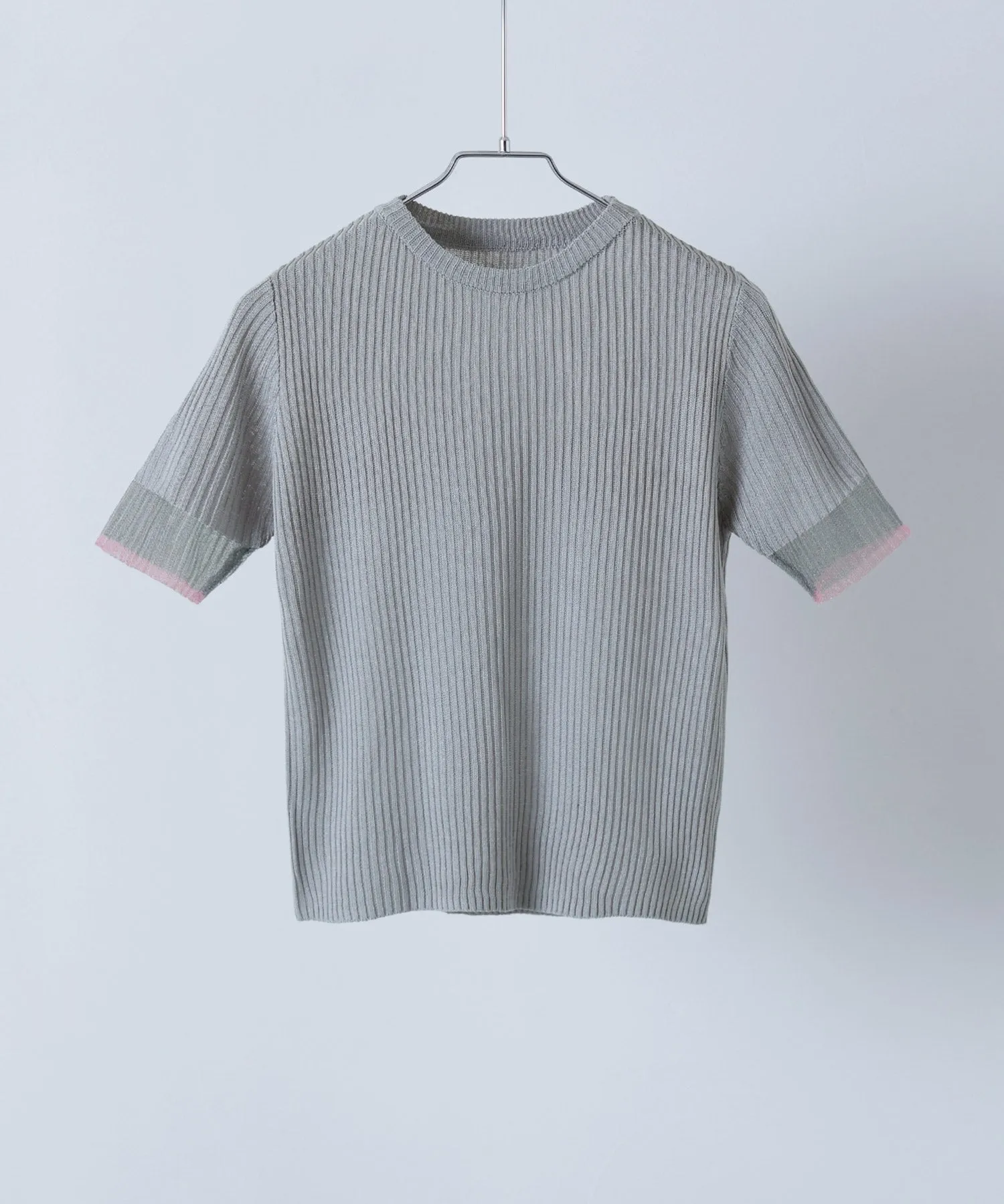 Sheer sleeve bicolor rib tops