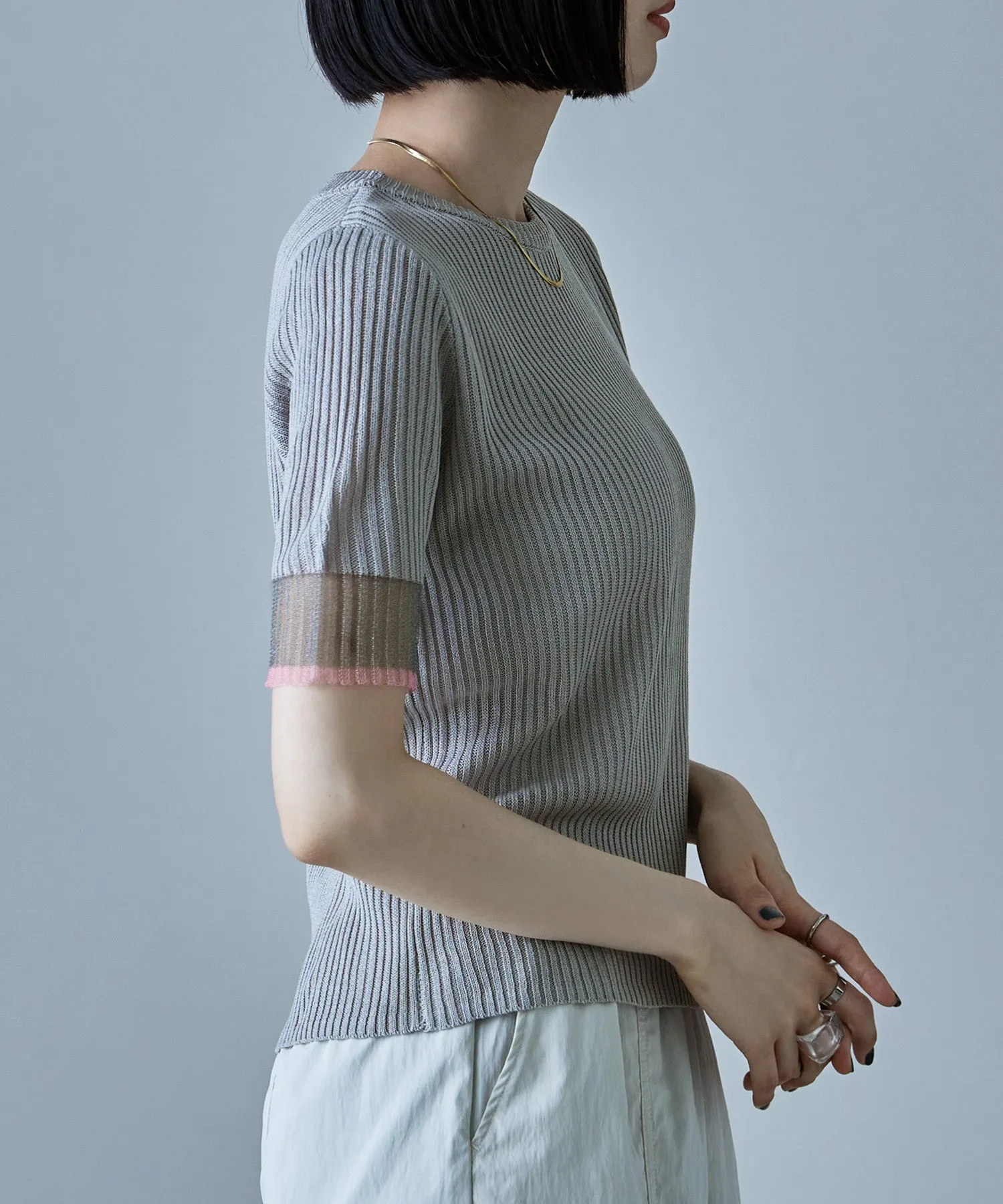 Sheer sleeve bicolor rib tops