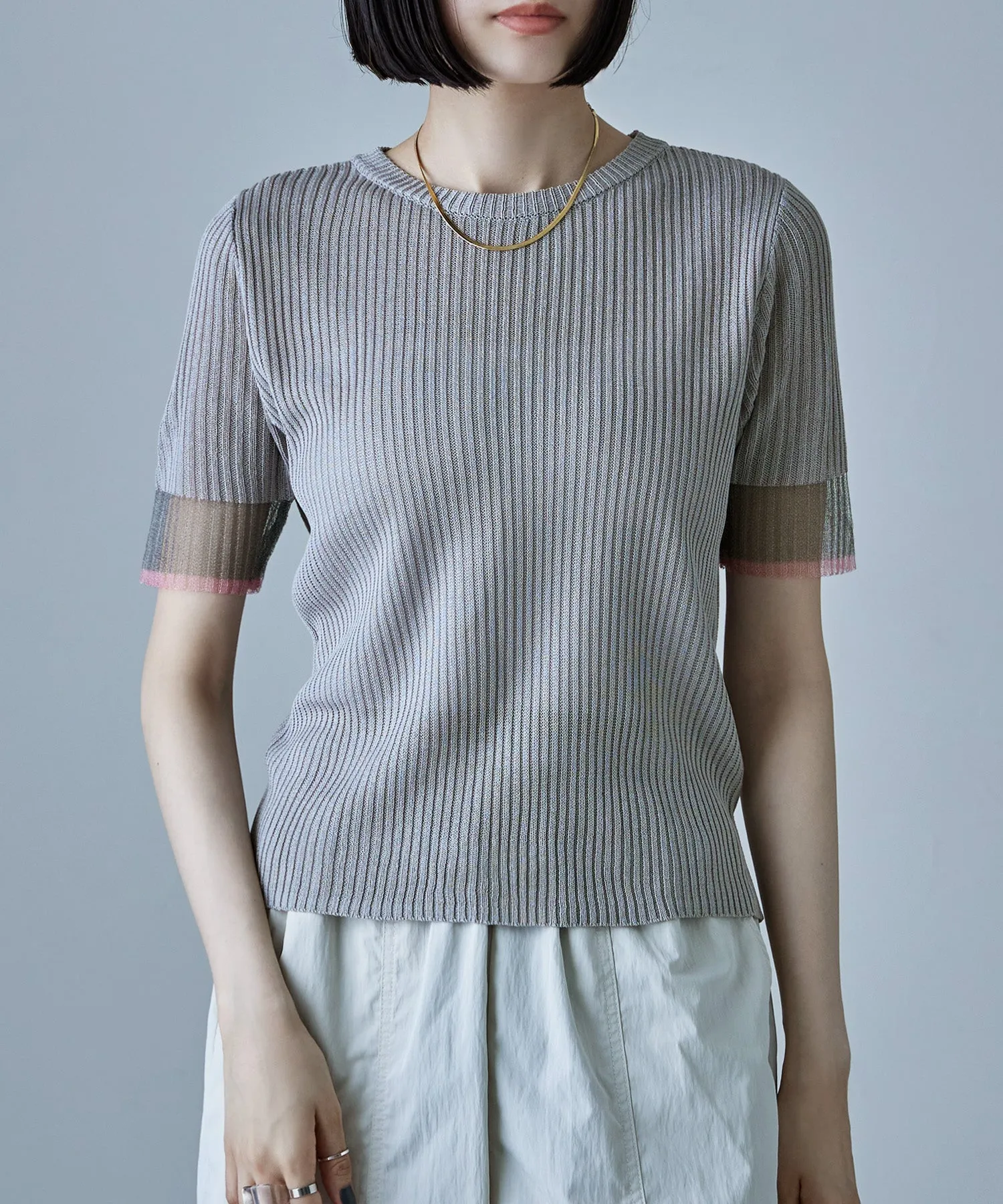 Sheer sleeve bicolor rib tops