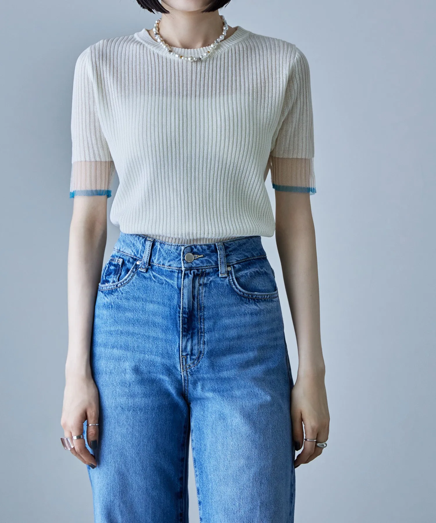 Sheer sleeve bicolor rib tops