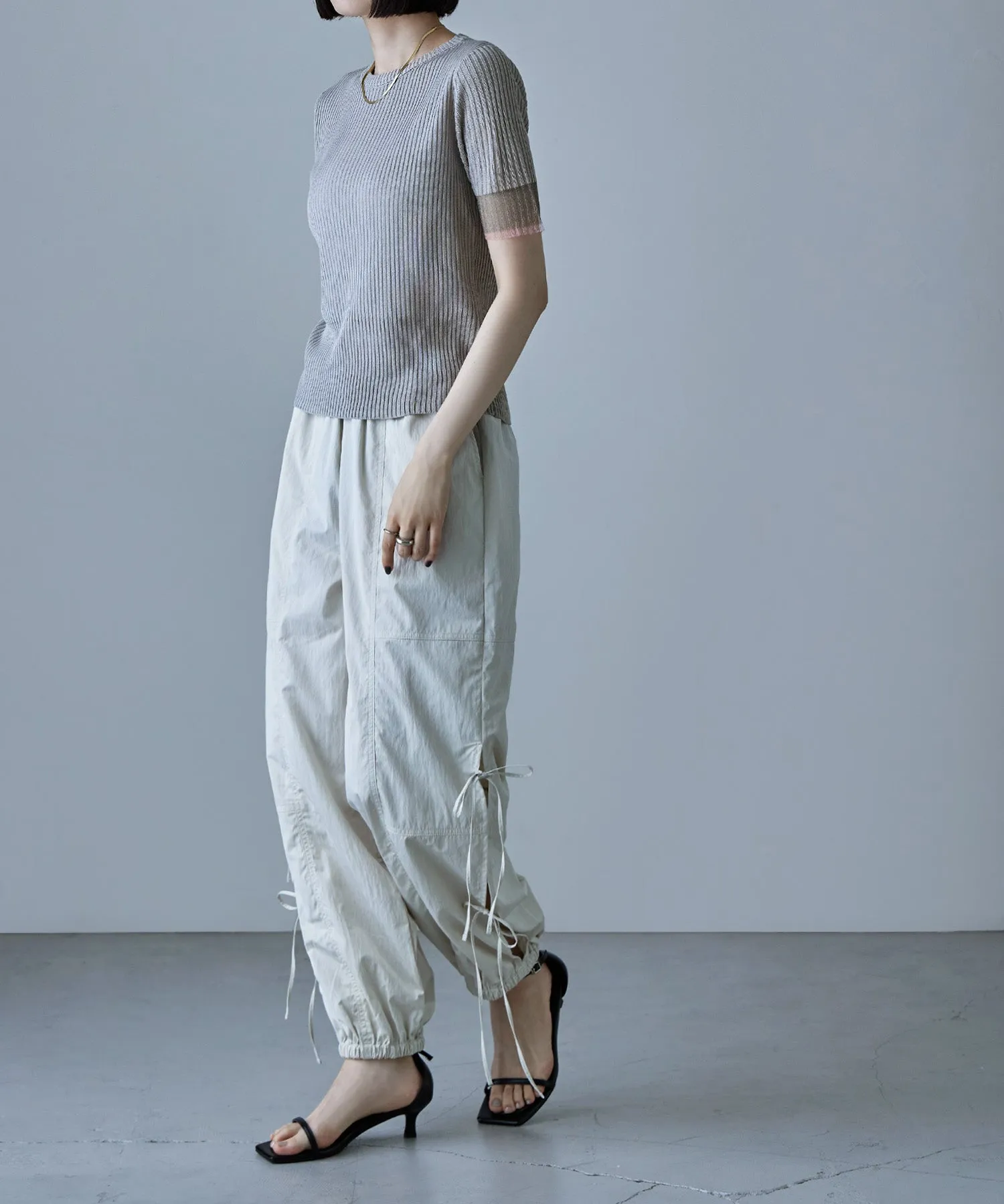 Sheer sleeve bicolor rib tops