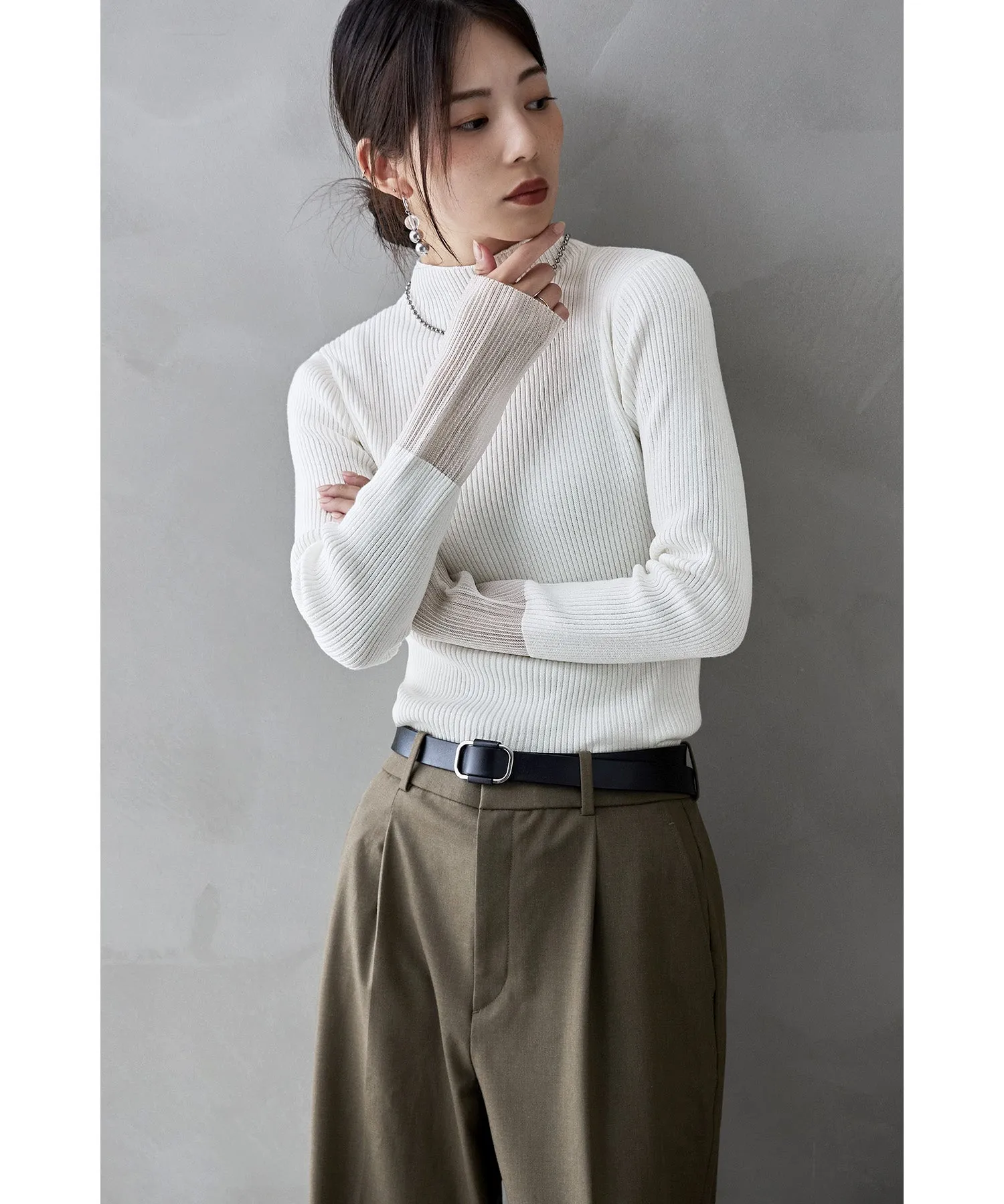Sheer sleeve rib knit tops