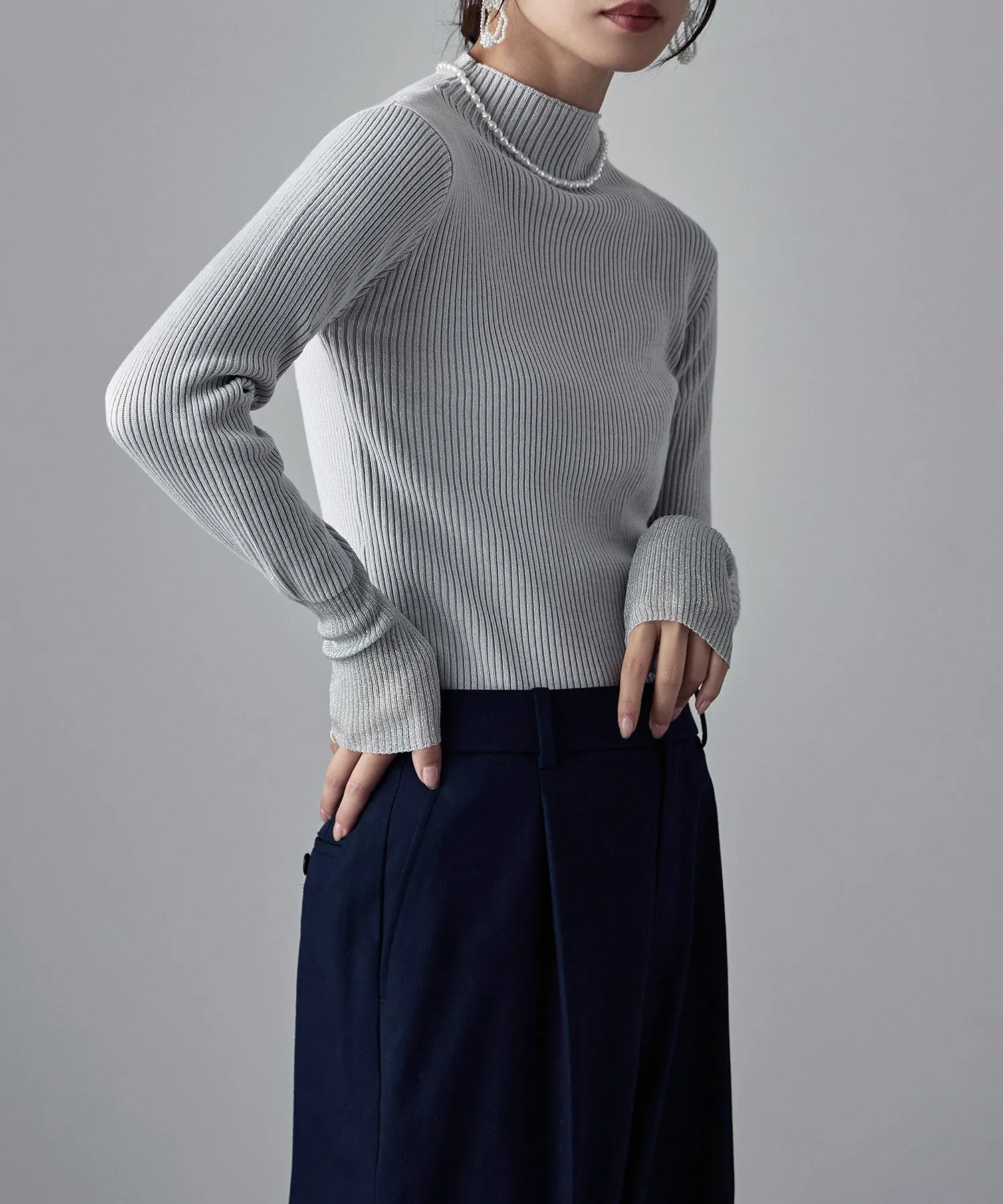 Sheer sleeve rib knit tops