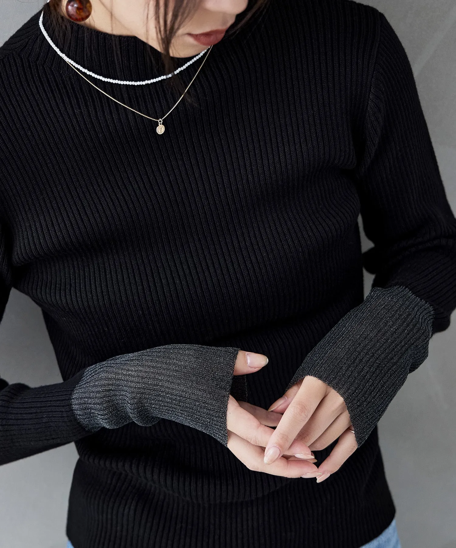 Sheer sleeve rib knit tops