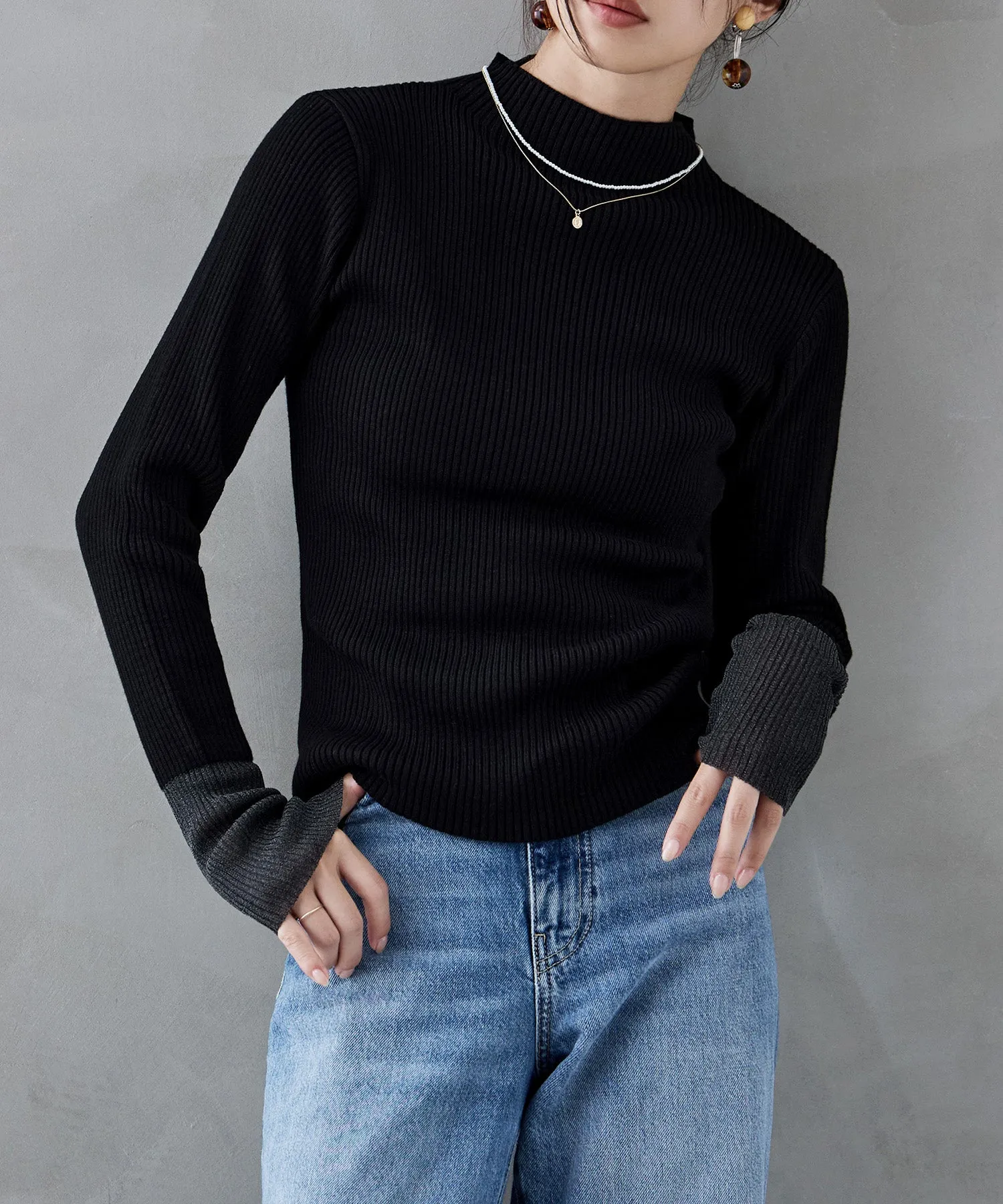 Sheer sleeve rib knit tops