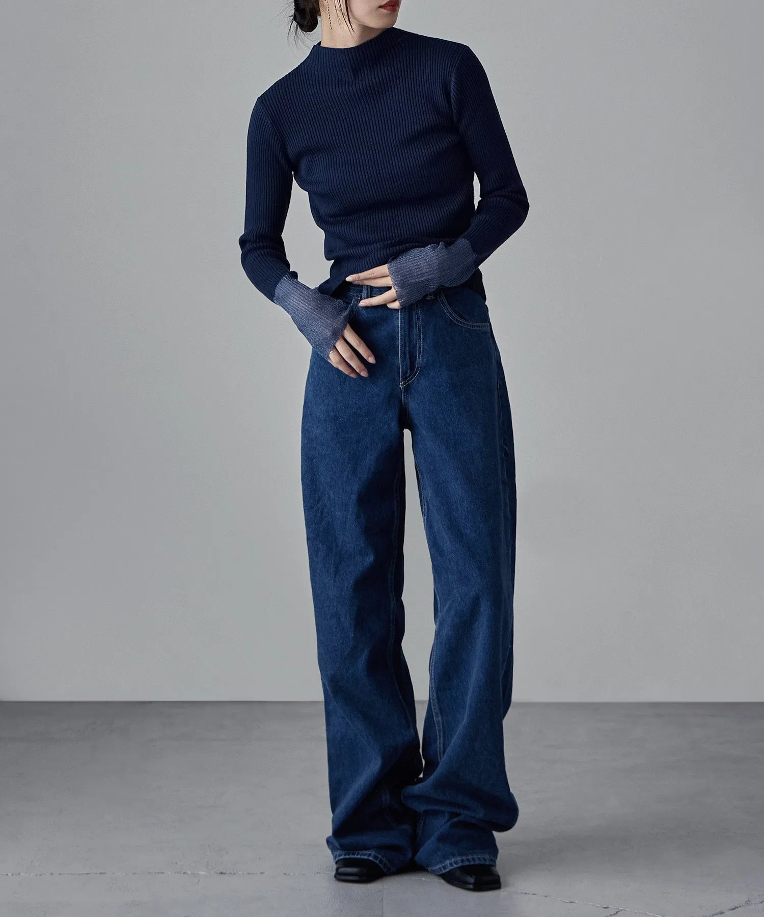 Sheer sleeve rib knit tops
