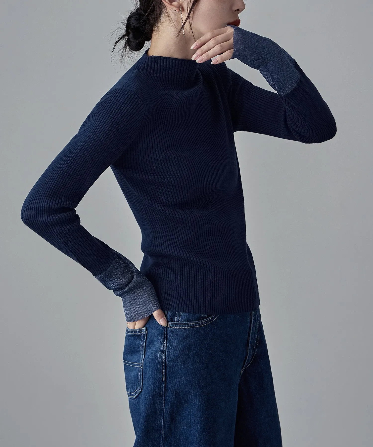 Sheer sleeve rib knit tops