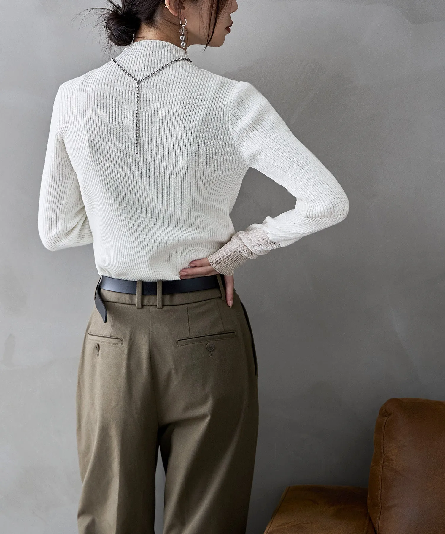 Sheer sleeve rib knit tops