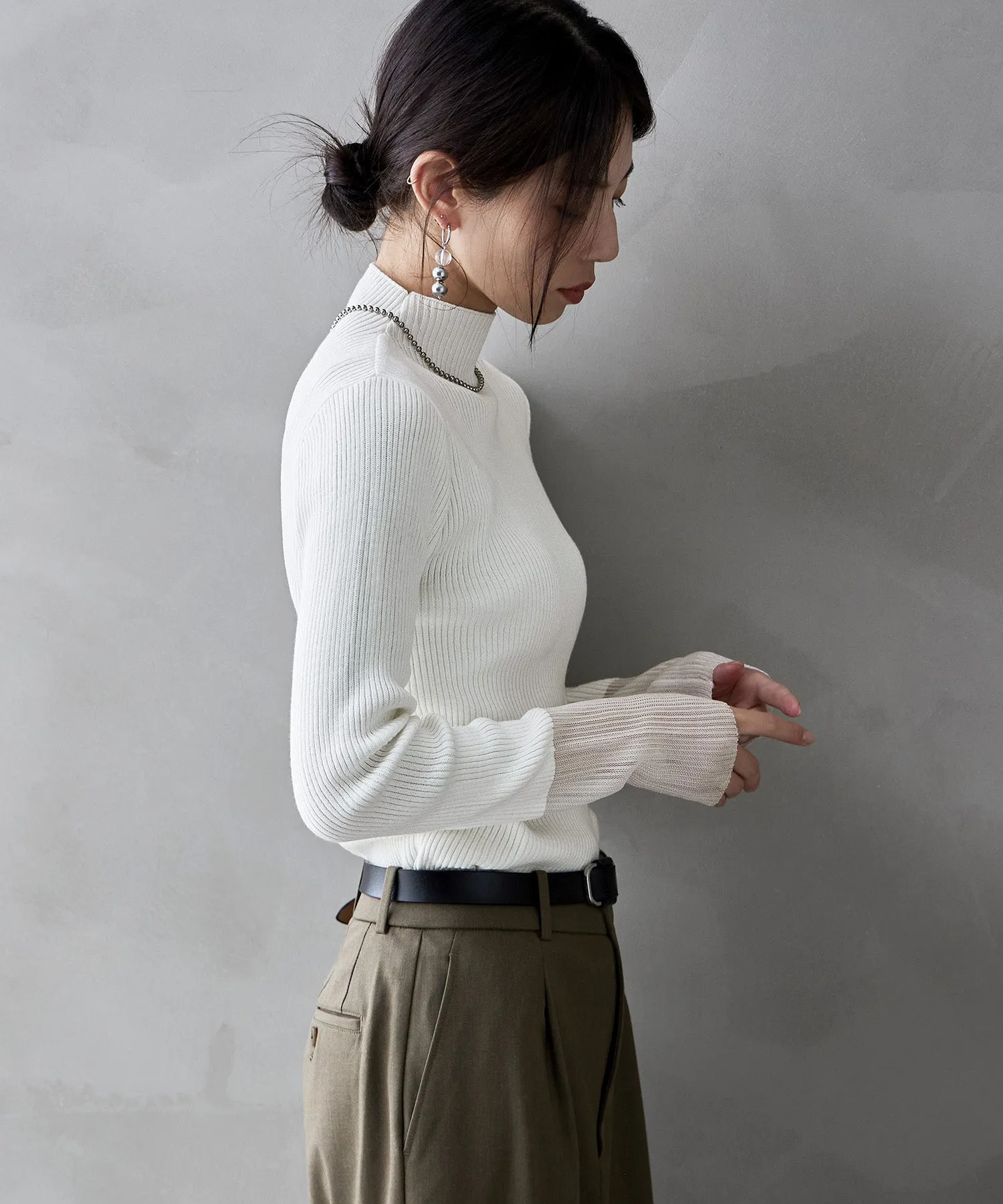 Sheer sleeve rib knit tops