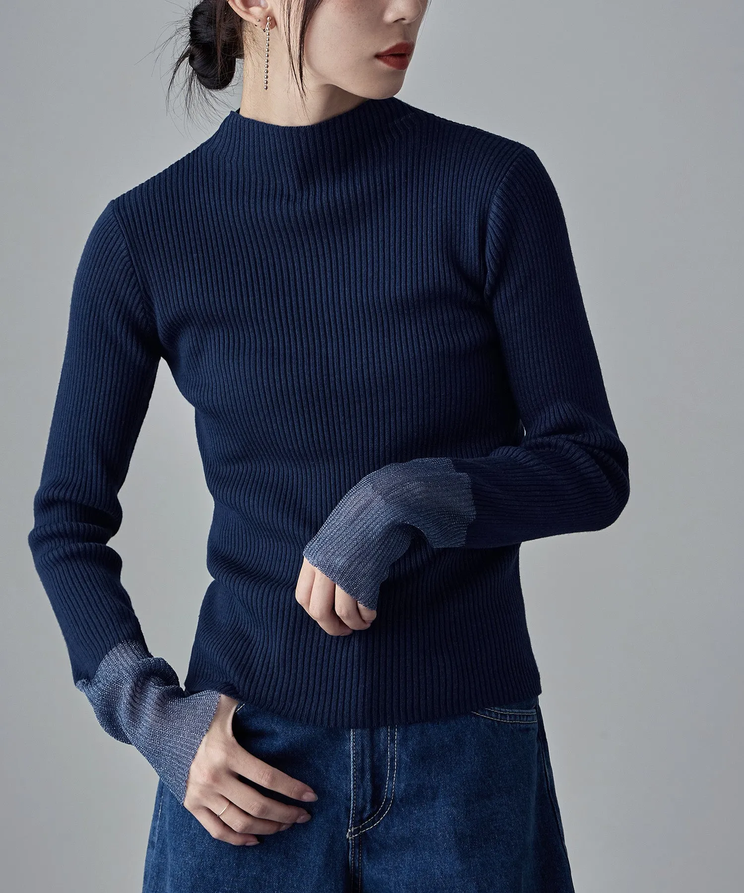 Sheer sleeve rib knit tops