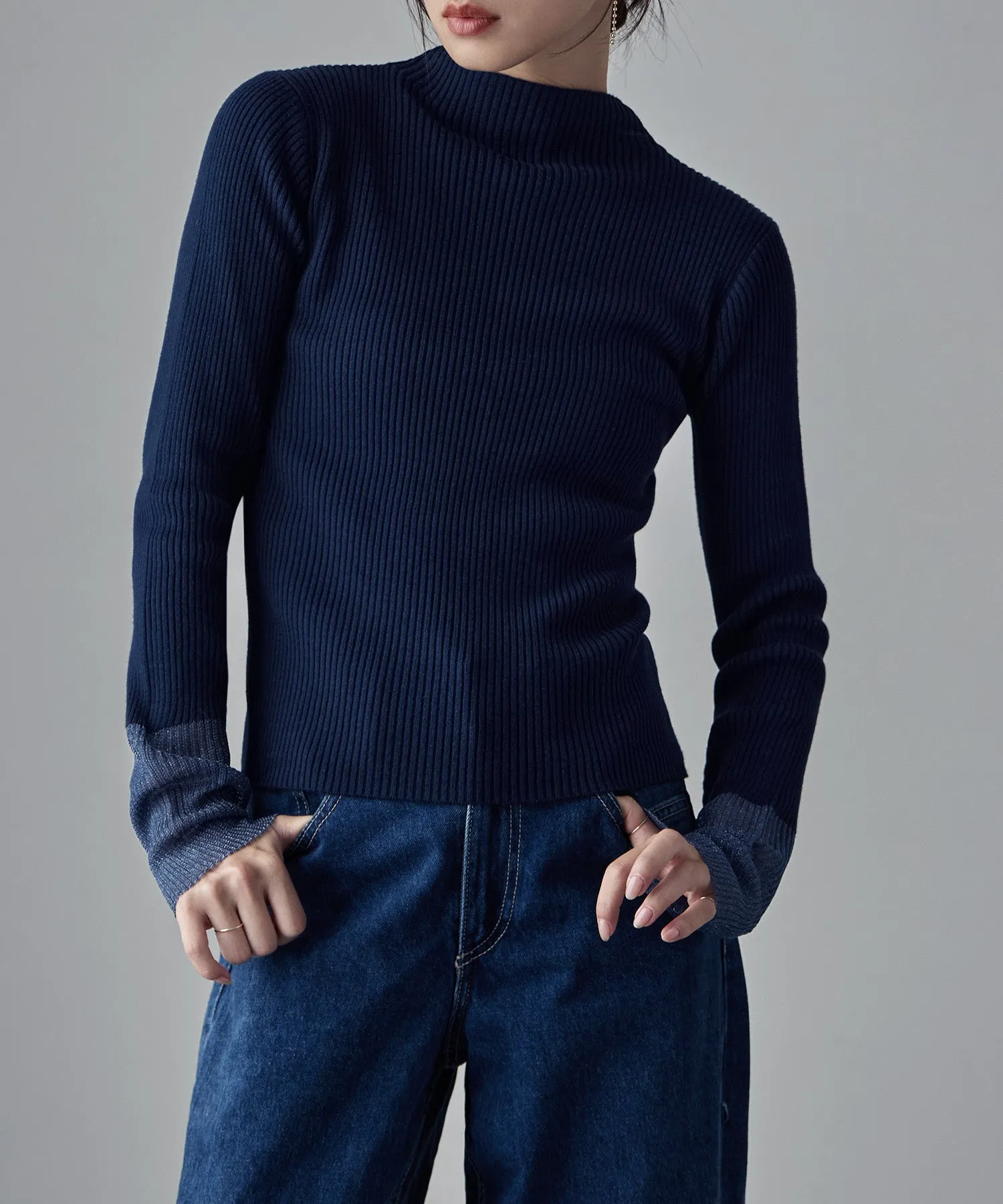 Sheer sleeve rib knit tops