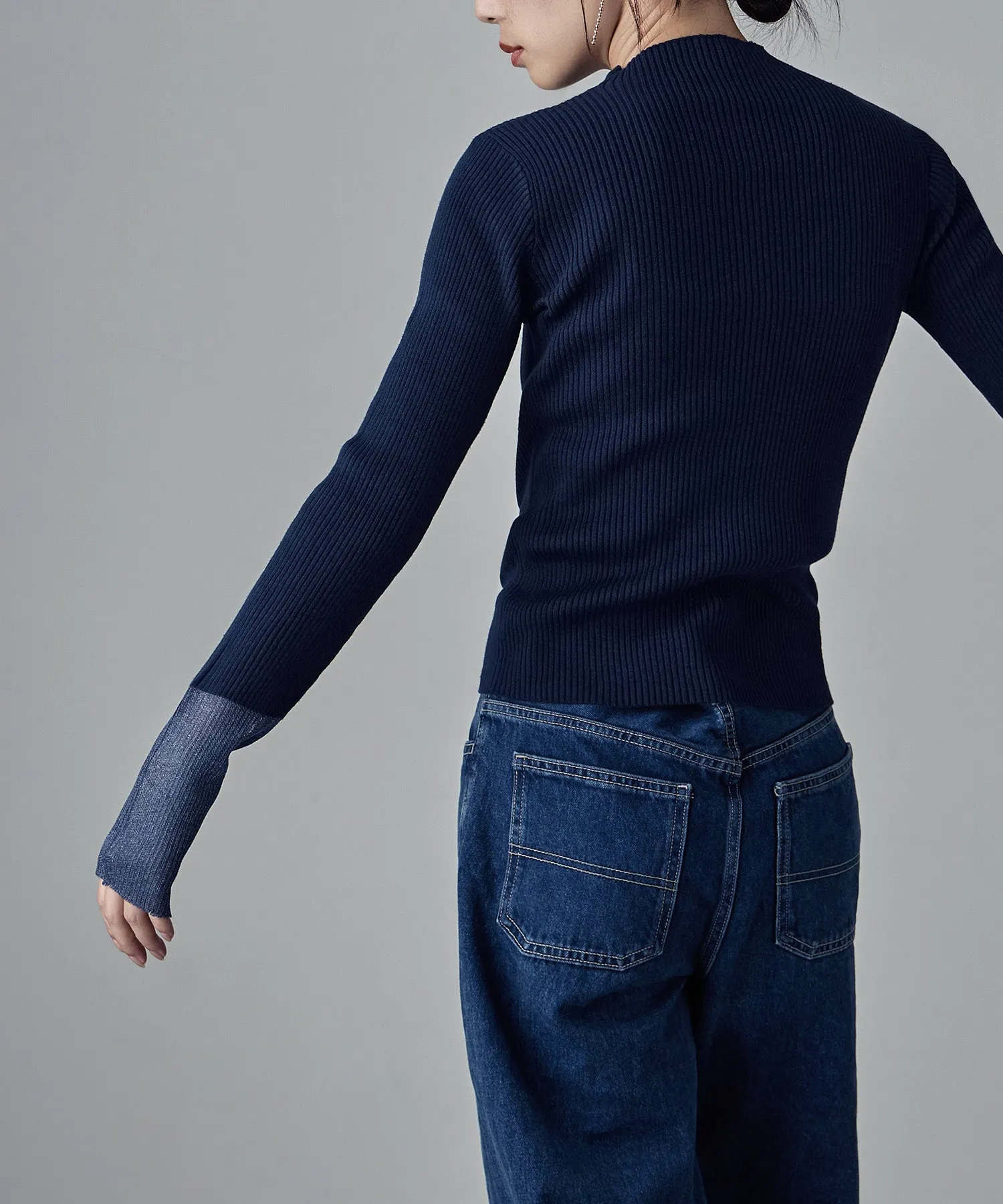 Sheer sleeve rib knit tops