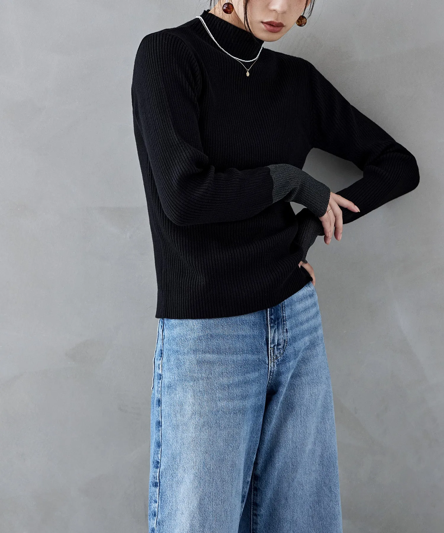 Sheer sleeve rib knit tops