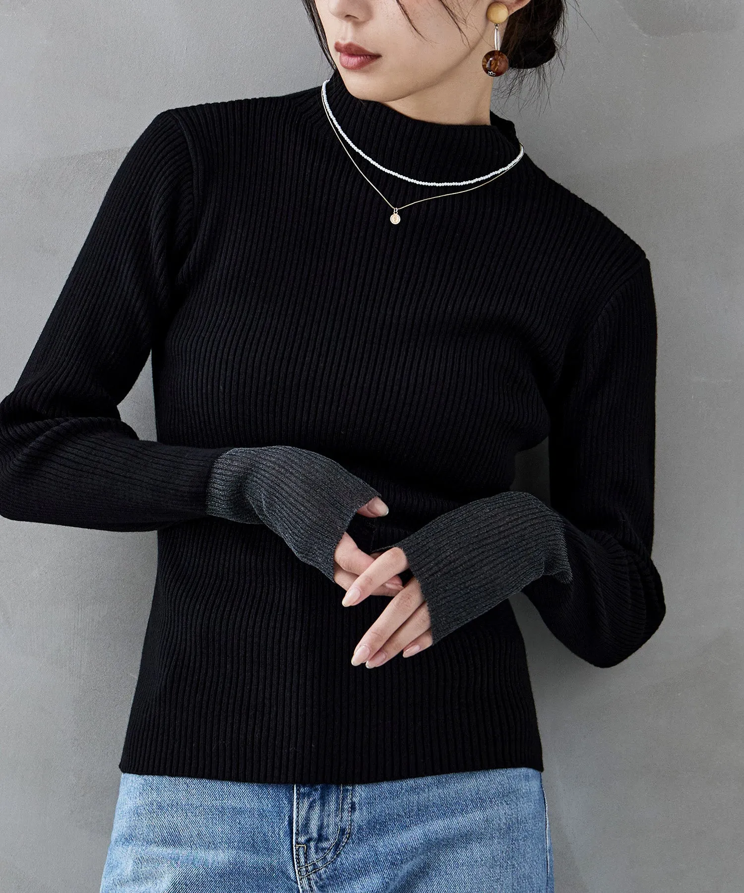 Sheer sleeve rib knit tops