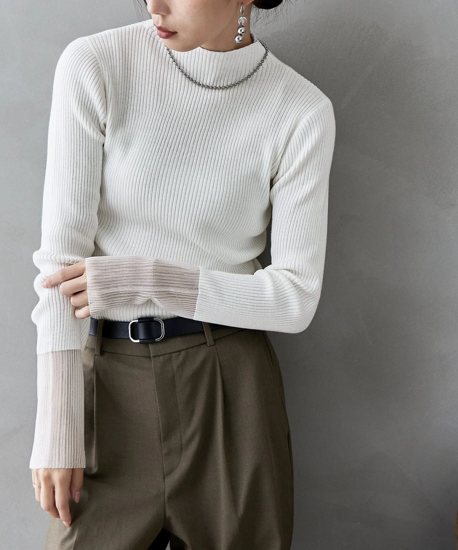 Sheer sleeve rib knit tops
