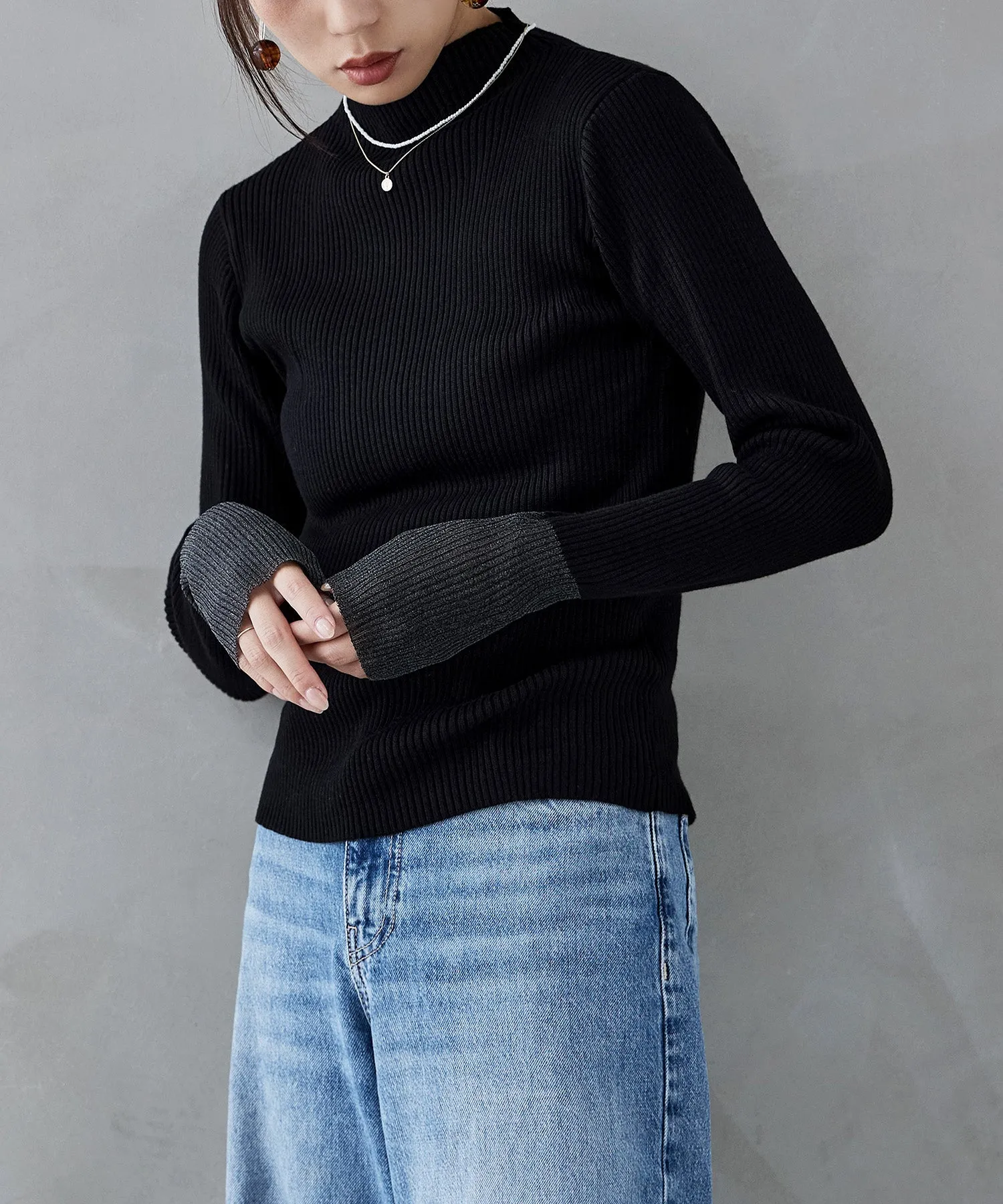 Sheer sleeve rib knit tops