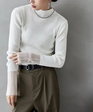 Sheer sleeve rib knit tops