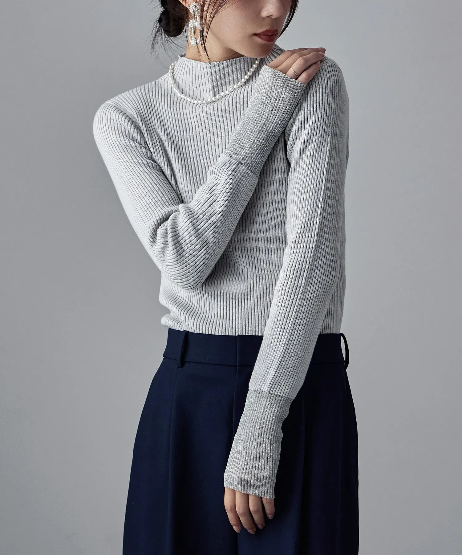 Sheer sleeve rib knit tops