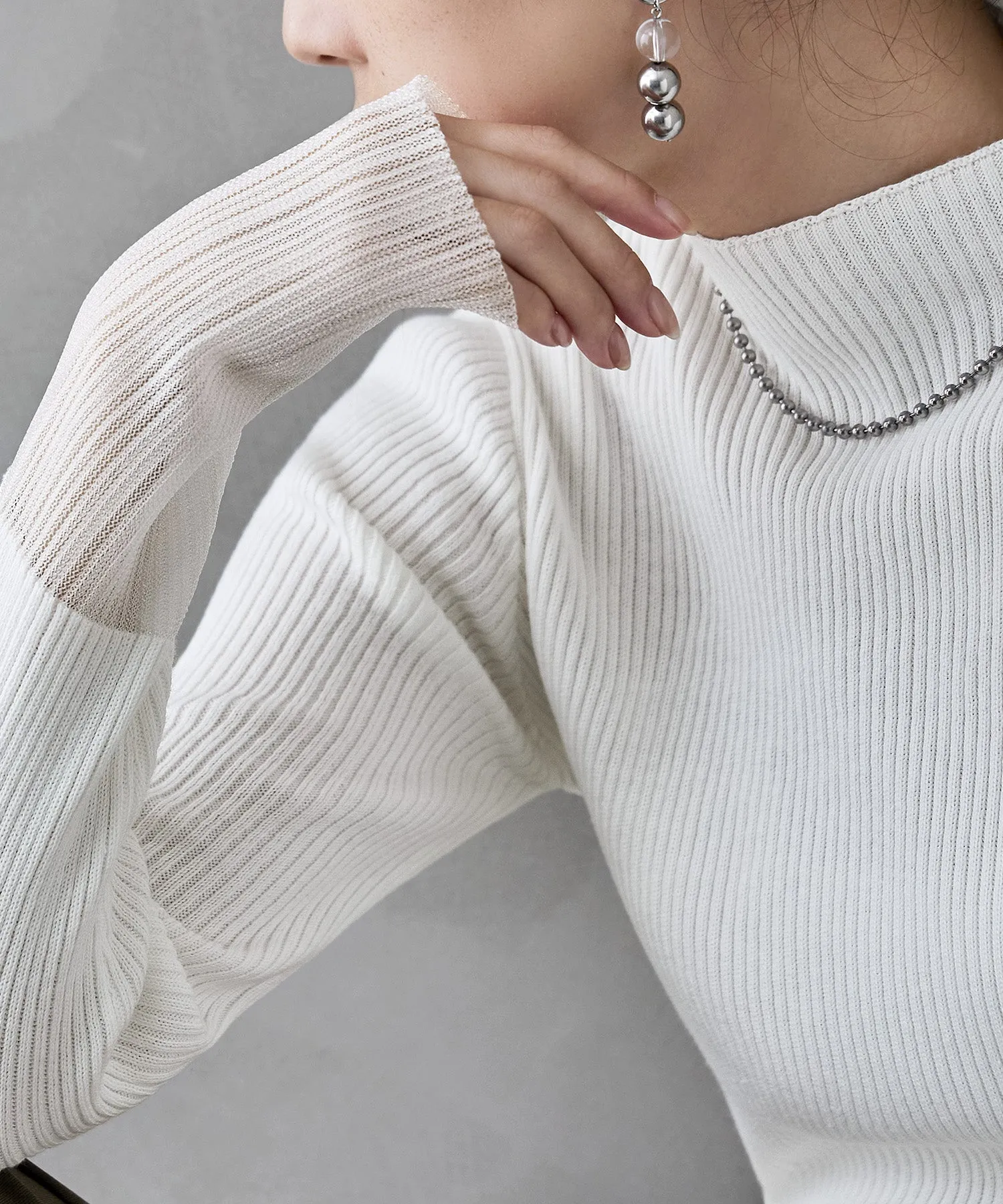 Sheer sleeve rib knit tops