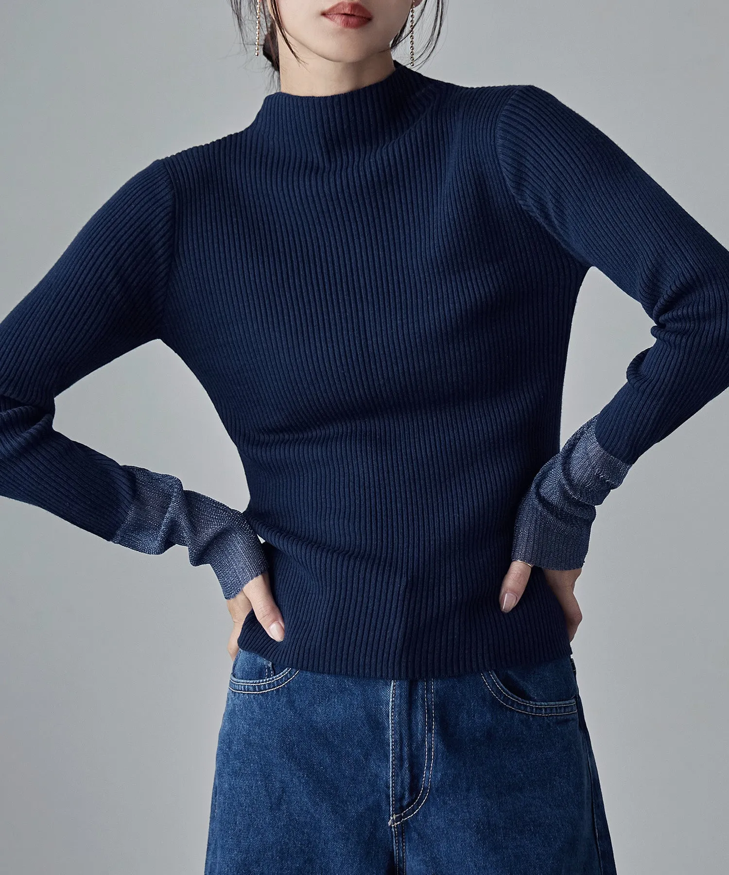 Sheer sleeve rib knit tops