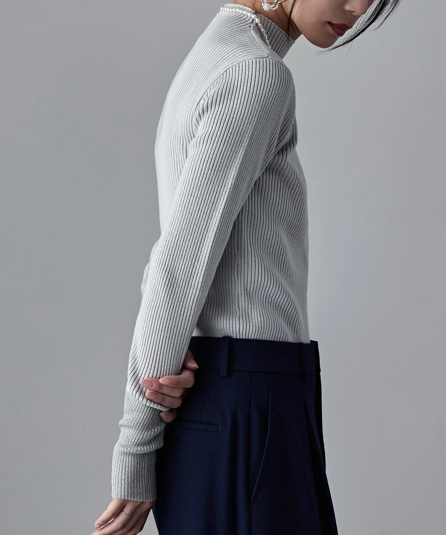 Sheer sleeve rib knit tops