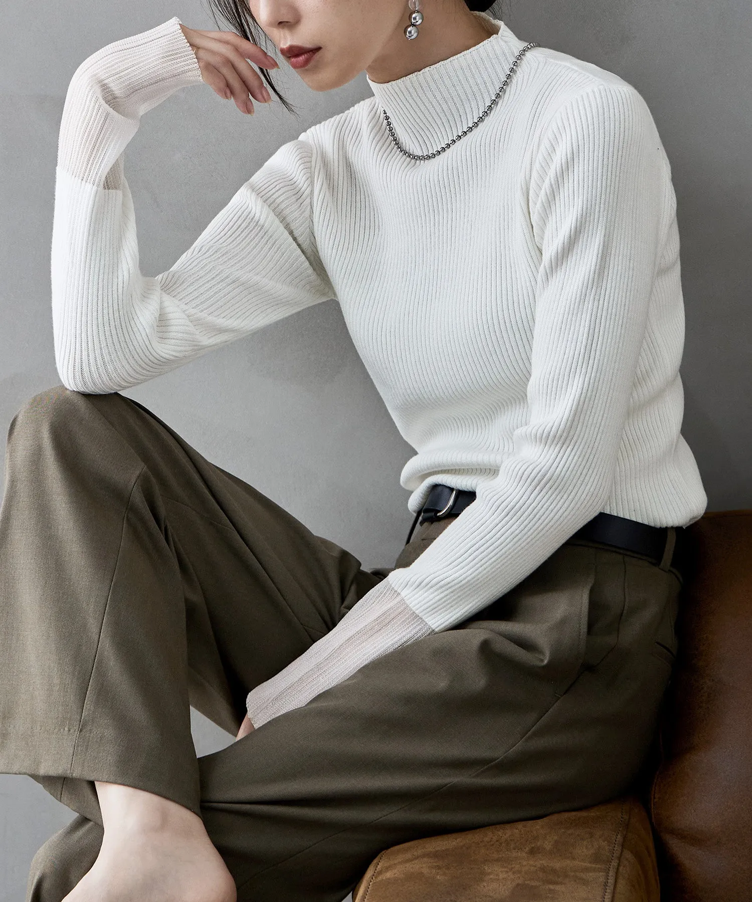 Sheer sleeve rib knit tops