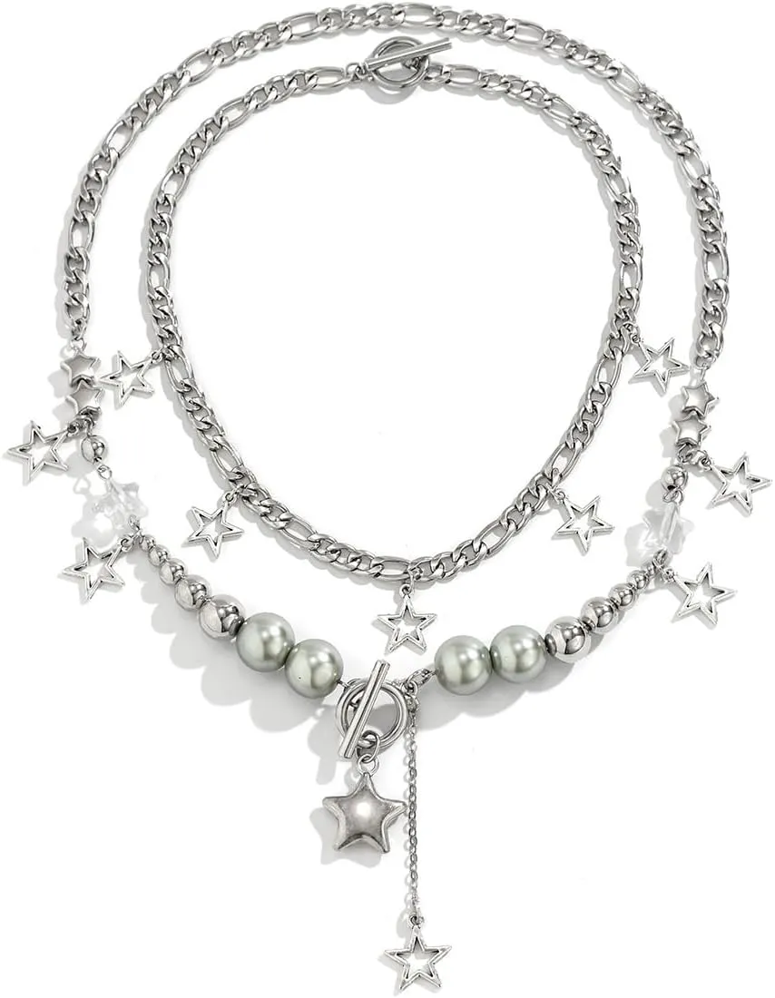 Silver Y2k Star Necklace - Layering Star Pendant Necklace - Toggle Chain Necklaces - Jewelry for Women