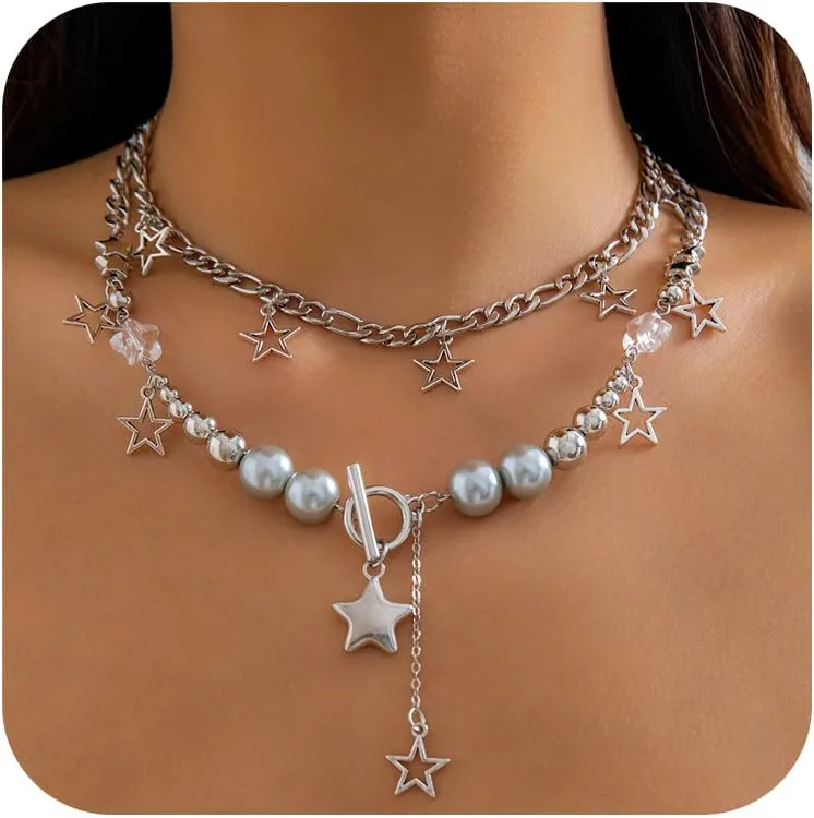 Silver Y2k Star Necklace - Layering Star Pendant Necklace - Toggle Chain Necklaces - Jewelry for Women