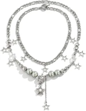 Silver Y2k Star Necklace - Layering Star Pendant Necklace - Toggle Chain Necklaces - Jewelry for Women