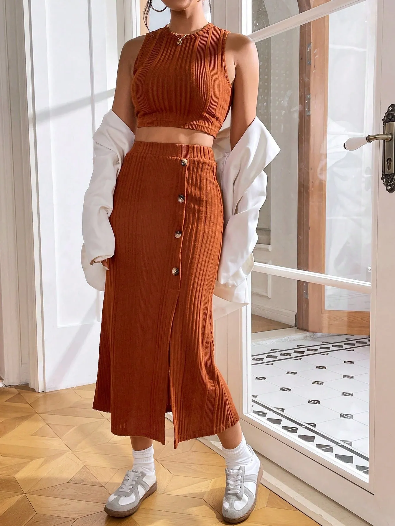 Solid Crop Tank Top & Button Front Skirt FW23 FD