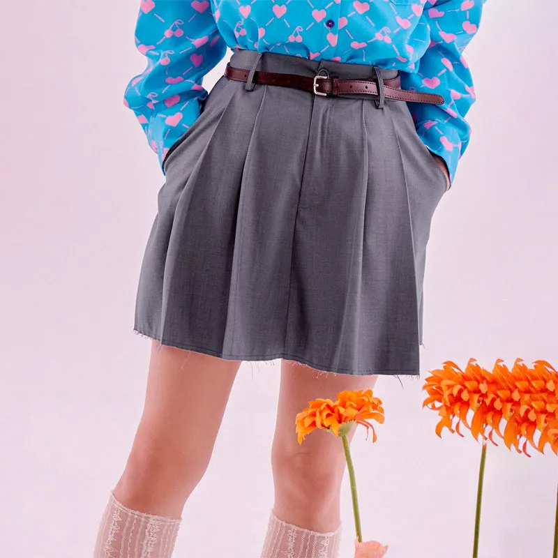 Solid Pleated Slant Pocket Skirt Without Belt