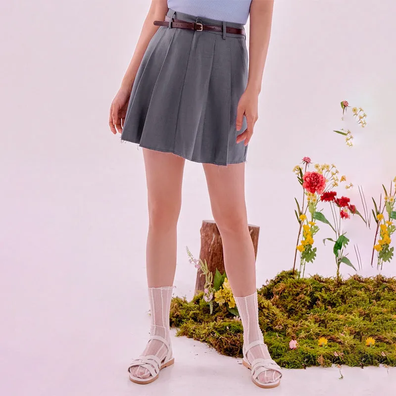 Solid Pleated Slant Pocket Skirt Without Belt