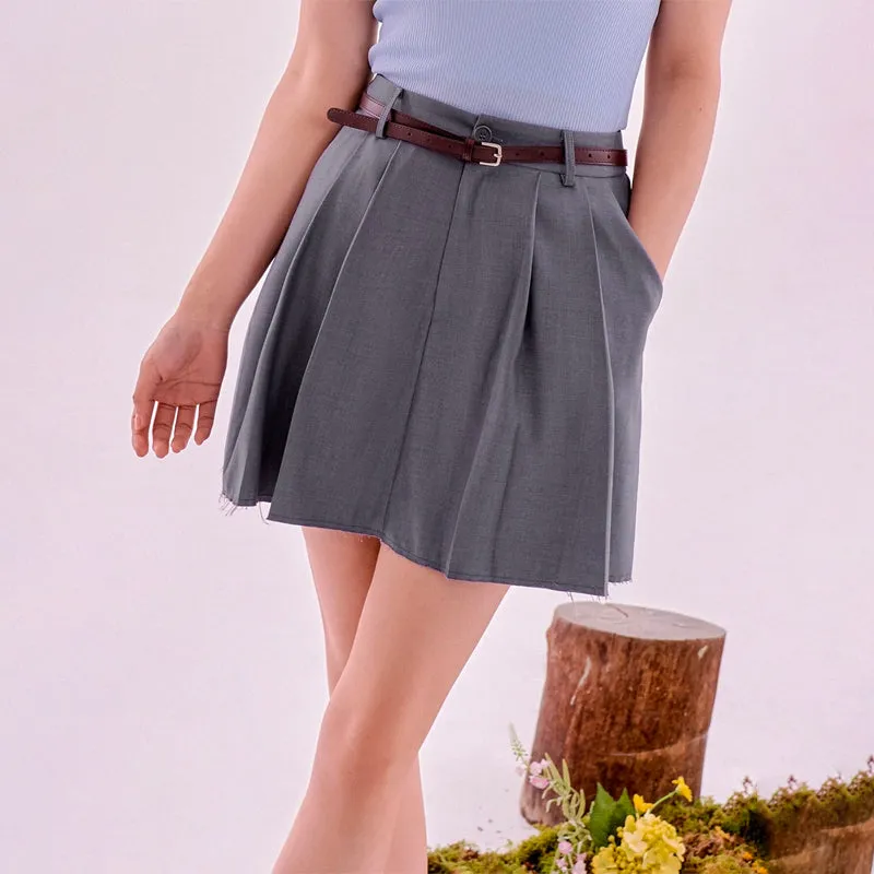 Solid Pleated Slant Pocket Skirt Without Belt