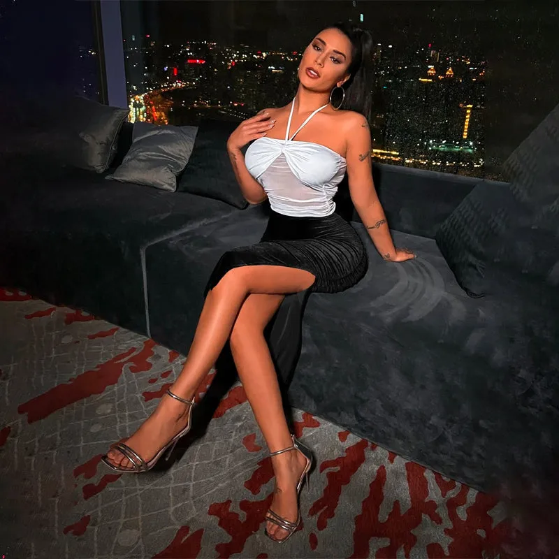 Solid Split Thigh Velvet Skirt