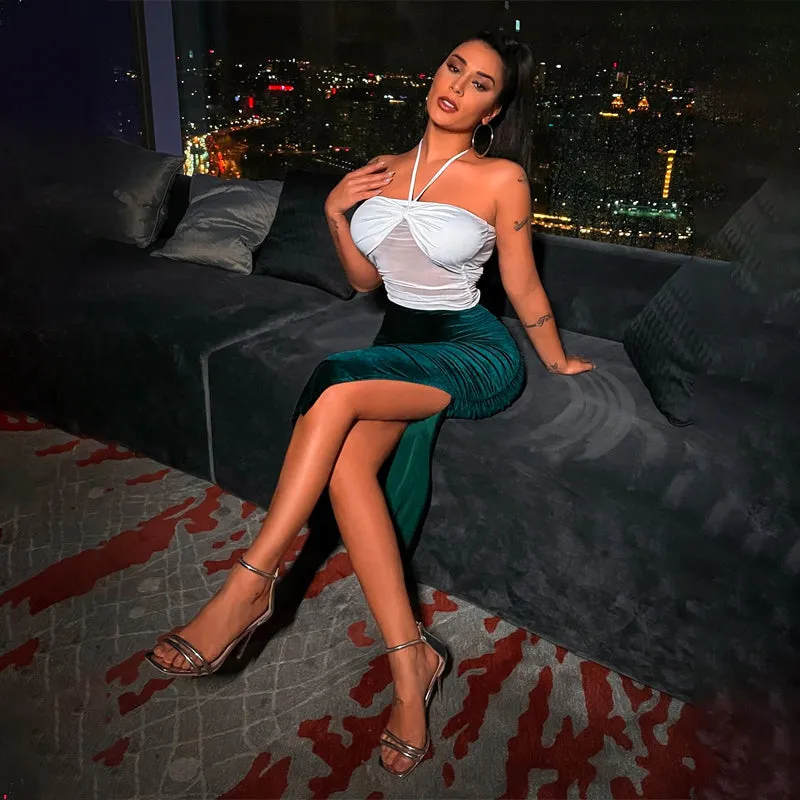 Solid Split Thigh Velvet Skirt
