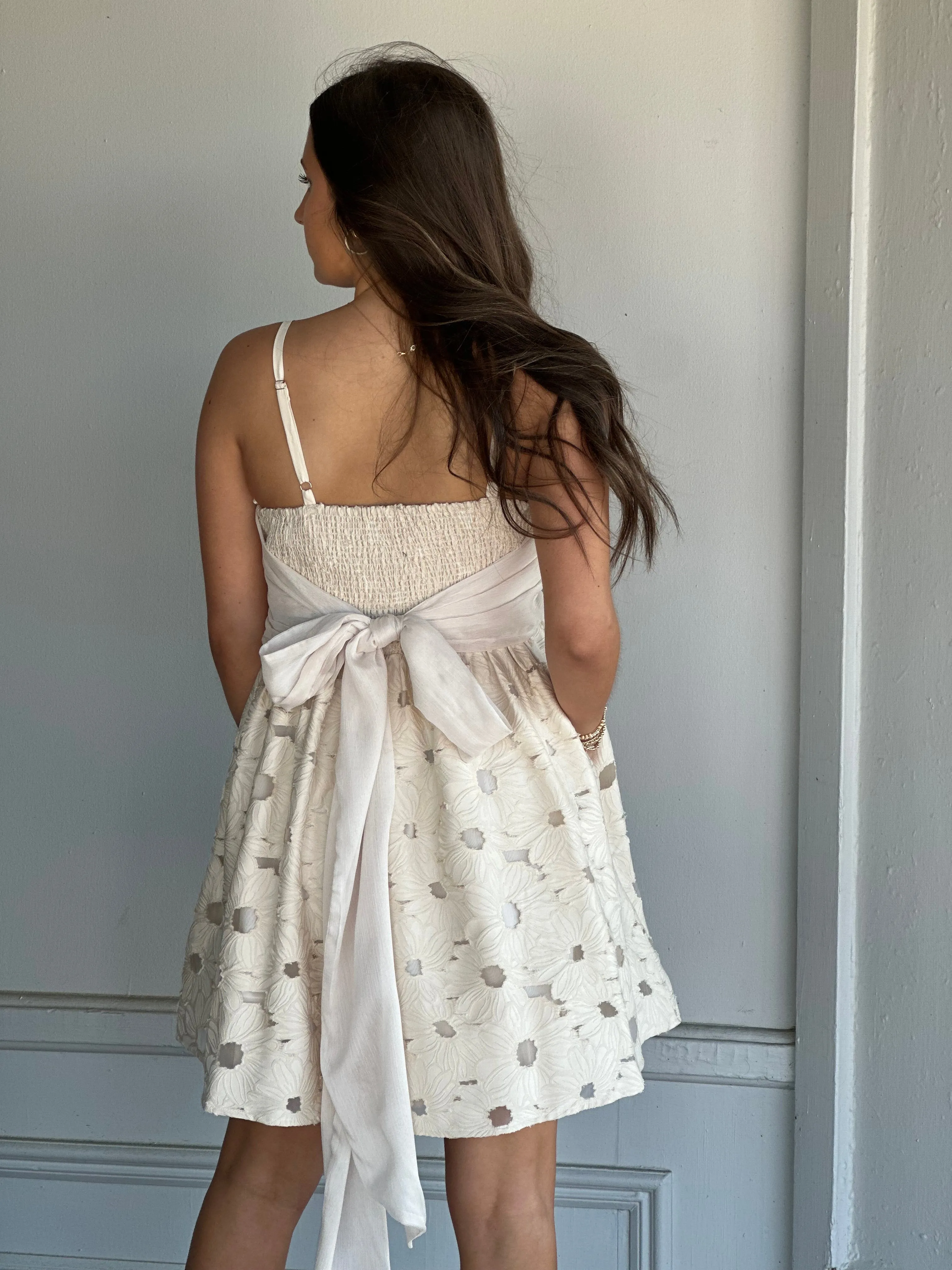 Spaghetti Strap Embroidered Mini Dress in Cream