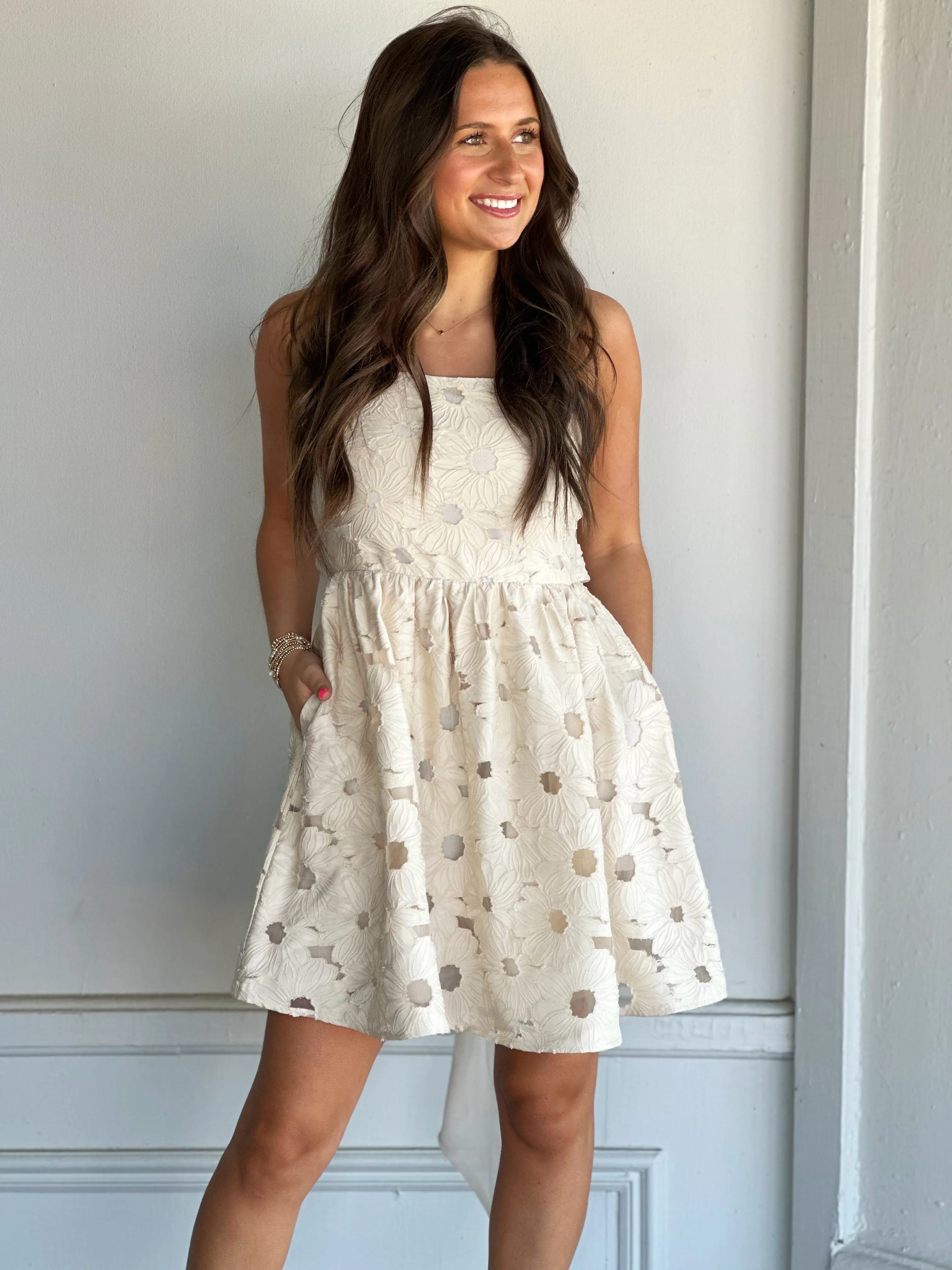 Spaghetti Strap Embroidered Mini Dress in Cream