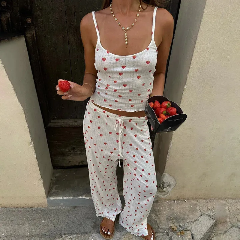 Strawberry Printed Tank Top And Straight Leg Pants Pajamas Two Piece Set
