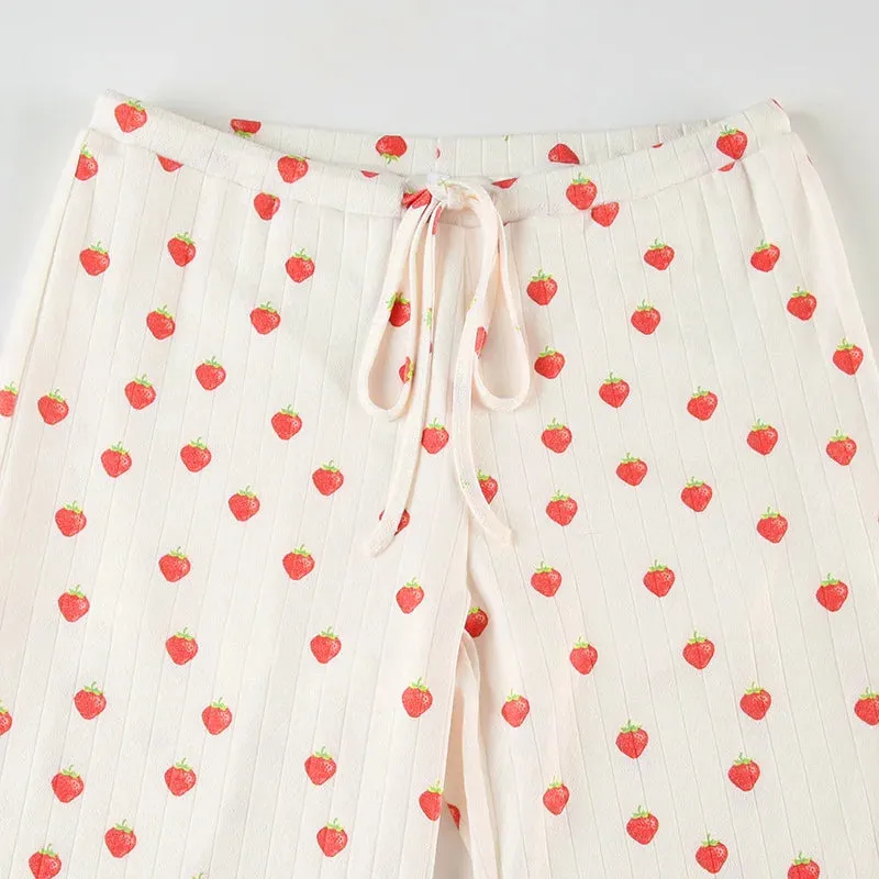 Strawberry Printed Tank Top And Straight Leg Pants Pajamas Two Piece Set