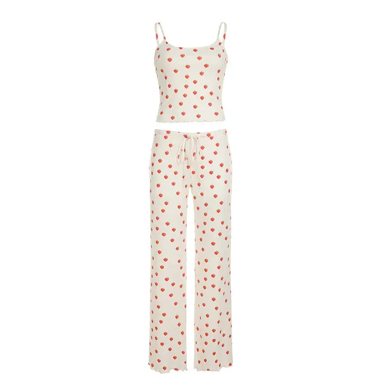 Strawberry Printed Tank Top And Straight Leg Pants Pajamas Two Piece Set