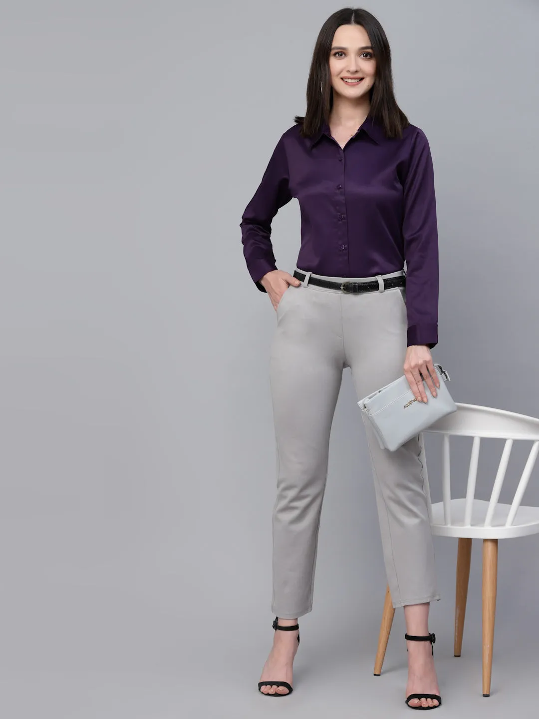 Style Quotients Women Solid Wine Satin Formal Shirt