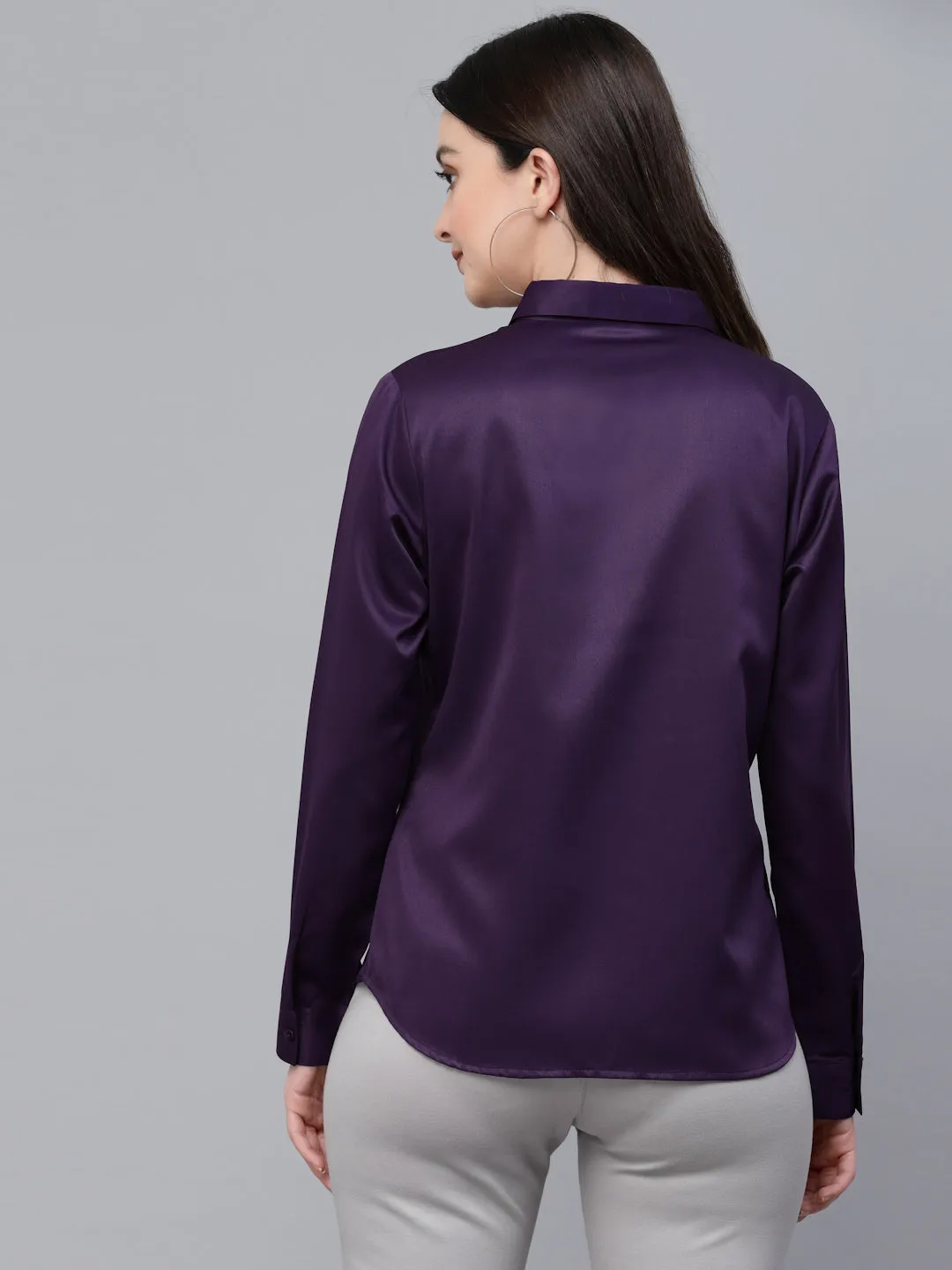 Style Quotients Women Solid Wine Satin Formal Shirt