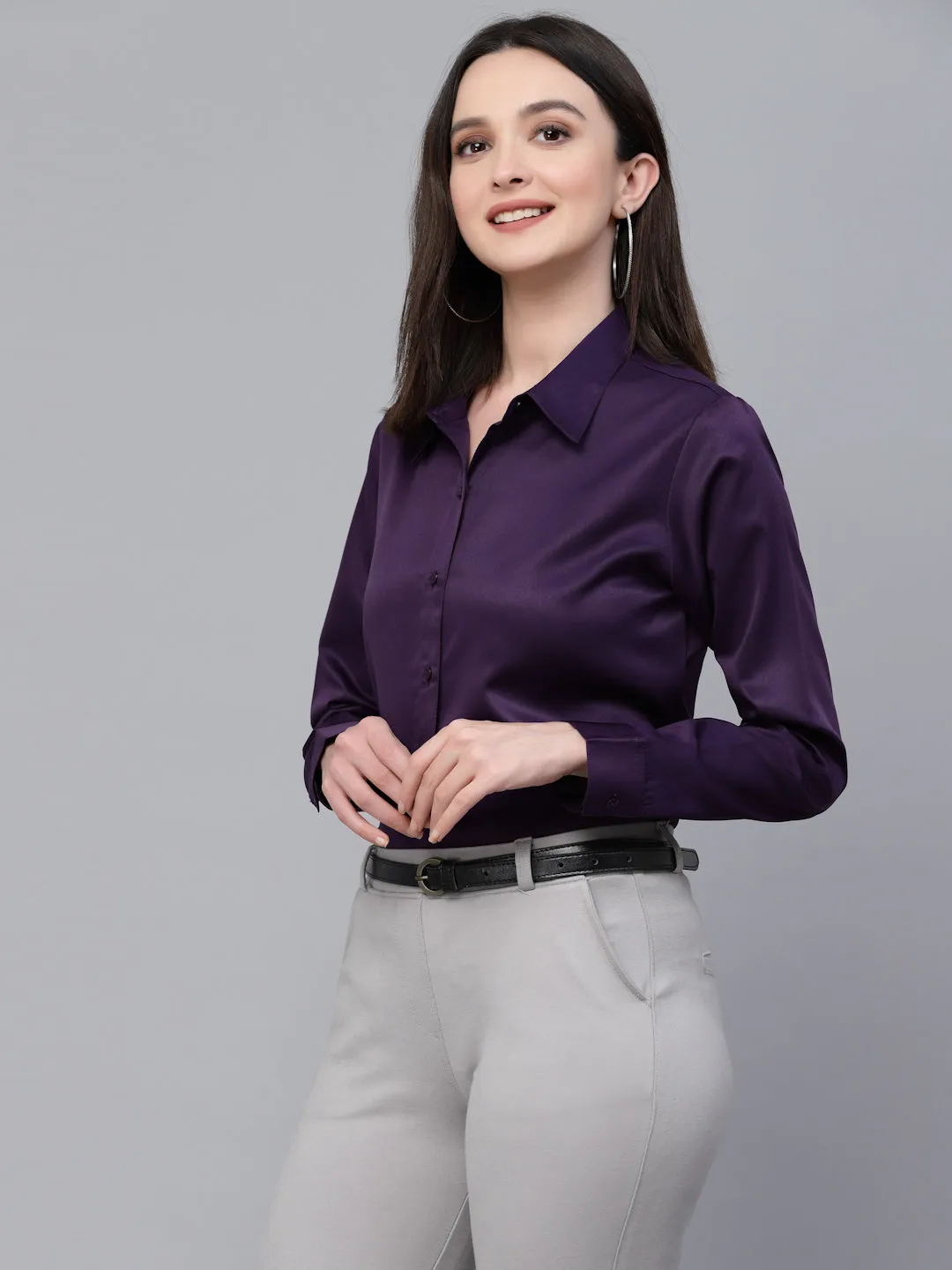 Style Quotients Women Solid Wine Satin Formal Shirt