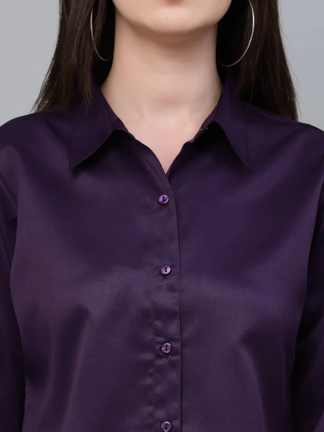 Style Quotients Women Solid Wine Satin Formal Shirt