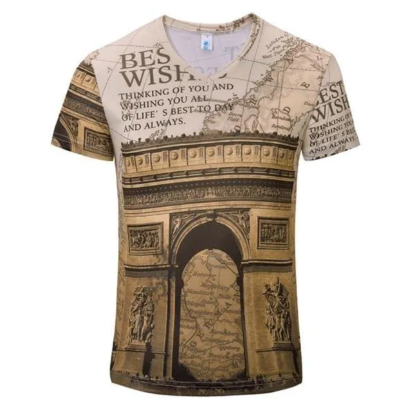 Summer Mens Breathable Personalized Retro Printing Slim Fit V neck Casual T-shirts