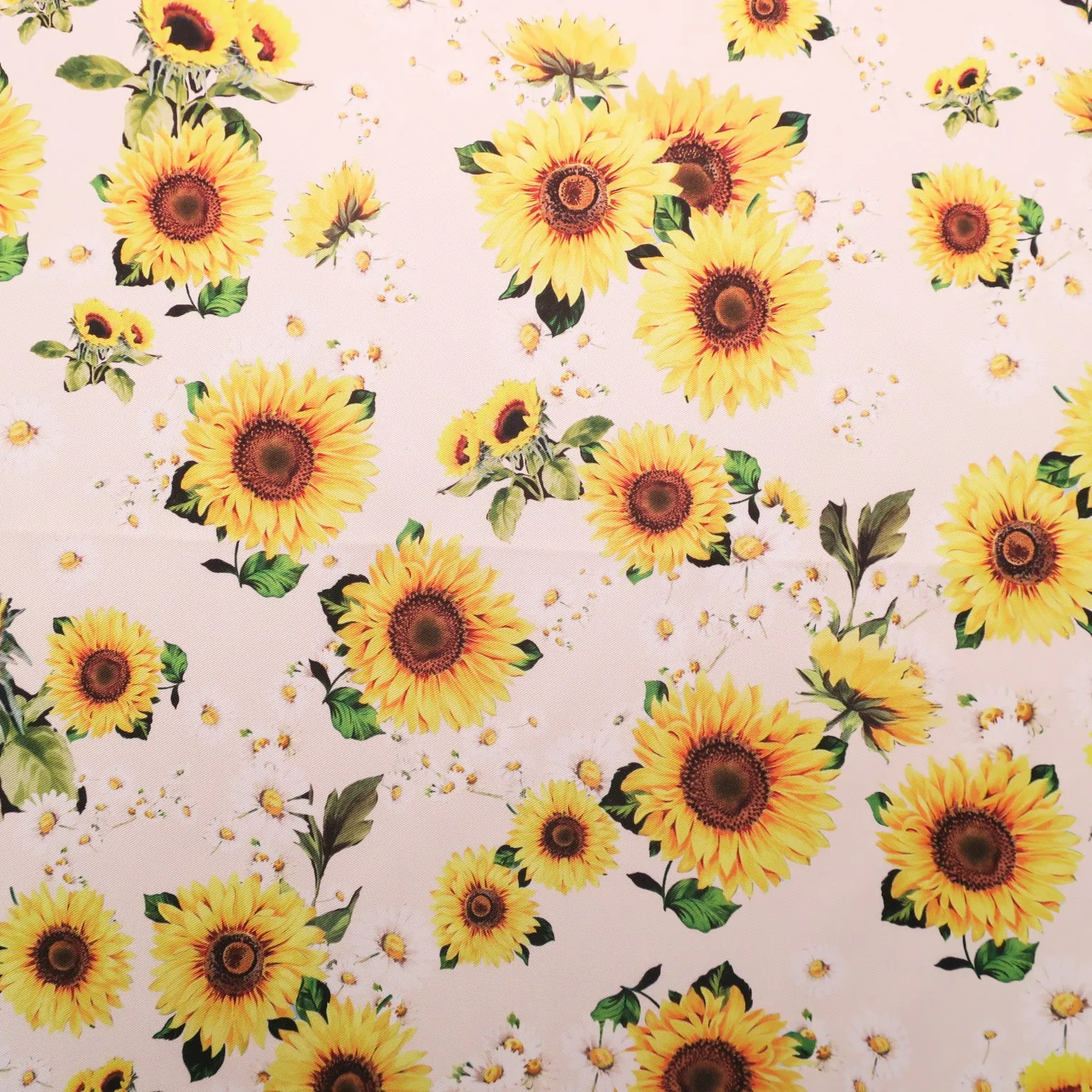Sunflowers on White Printed Polyester Mikado Fabric