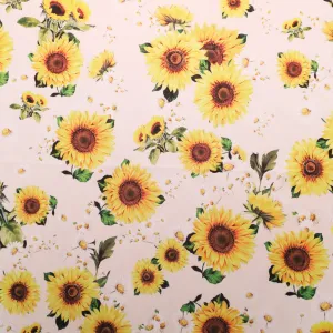 Sunflowers on White Printed Polyester Mikado Fabric