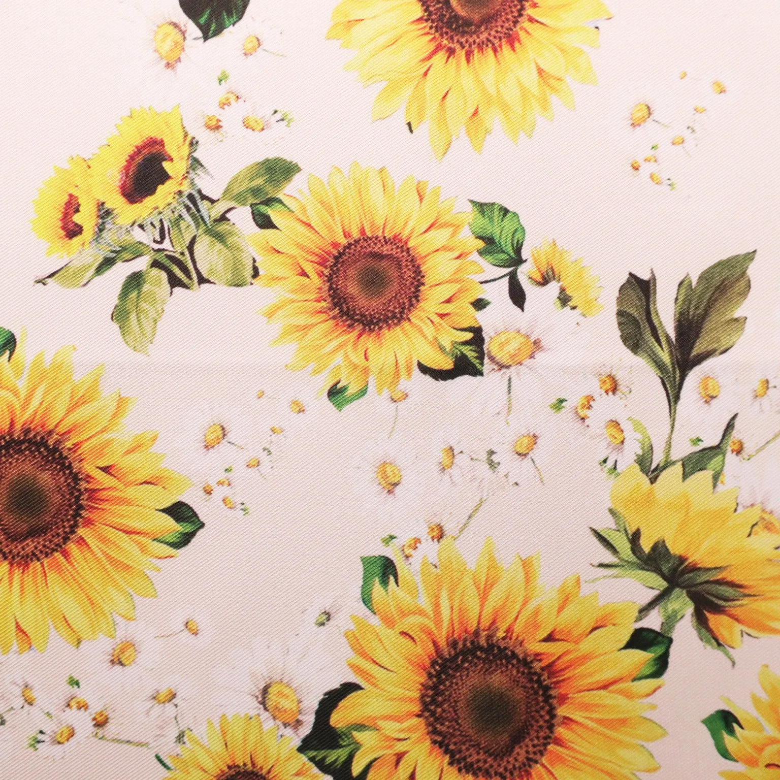 Sunflowers on White Printed Polyester Mikado Fabric