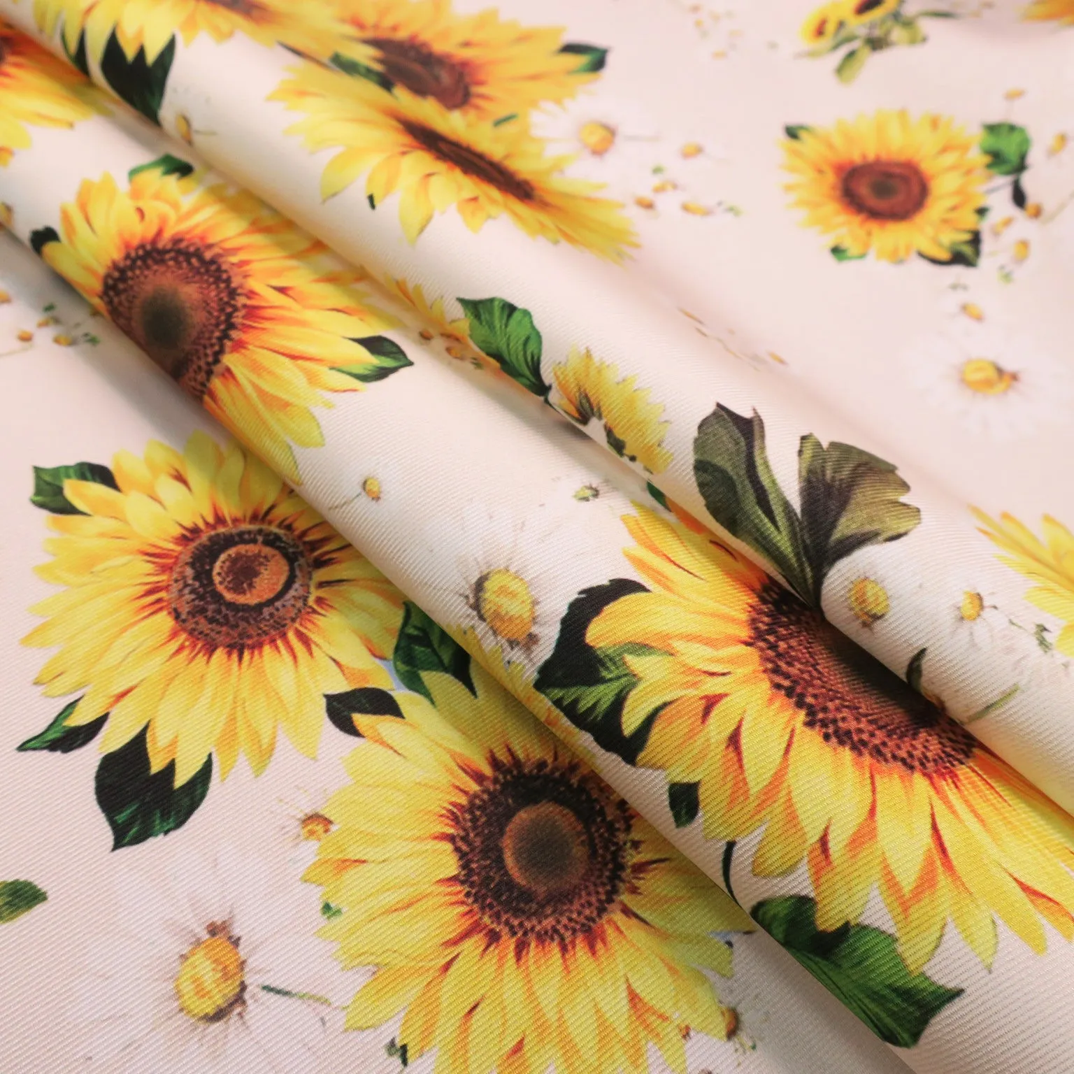 Sunflowers on White Printed Polyester Mikado Fabric